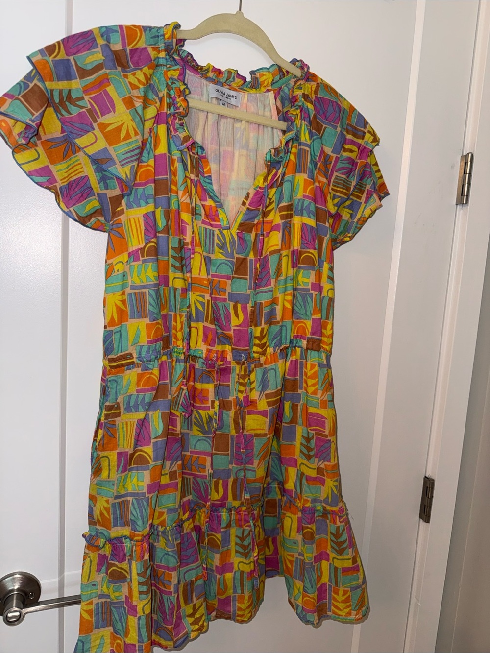 Olivia James the label Vibrant Multicolor Geometric Ruffle Mini Dress Size Medi